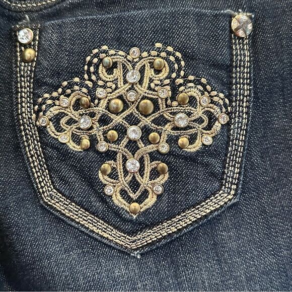 Grace in LA Dark Wash Gold Embellished Skinny Jeans Size 9 Western - Picture 9 of 16